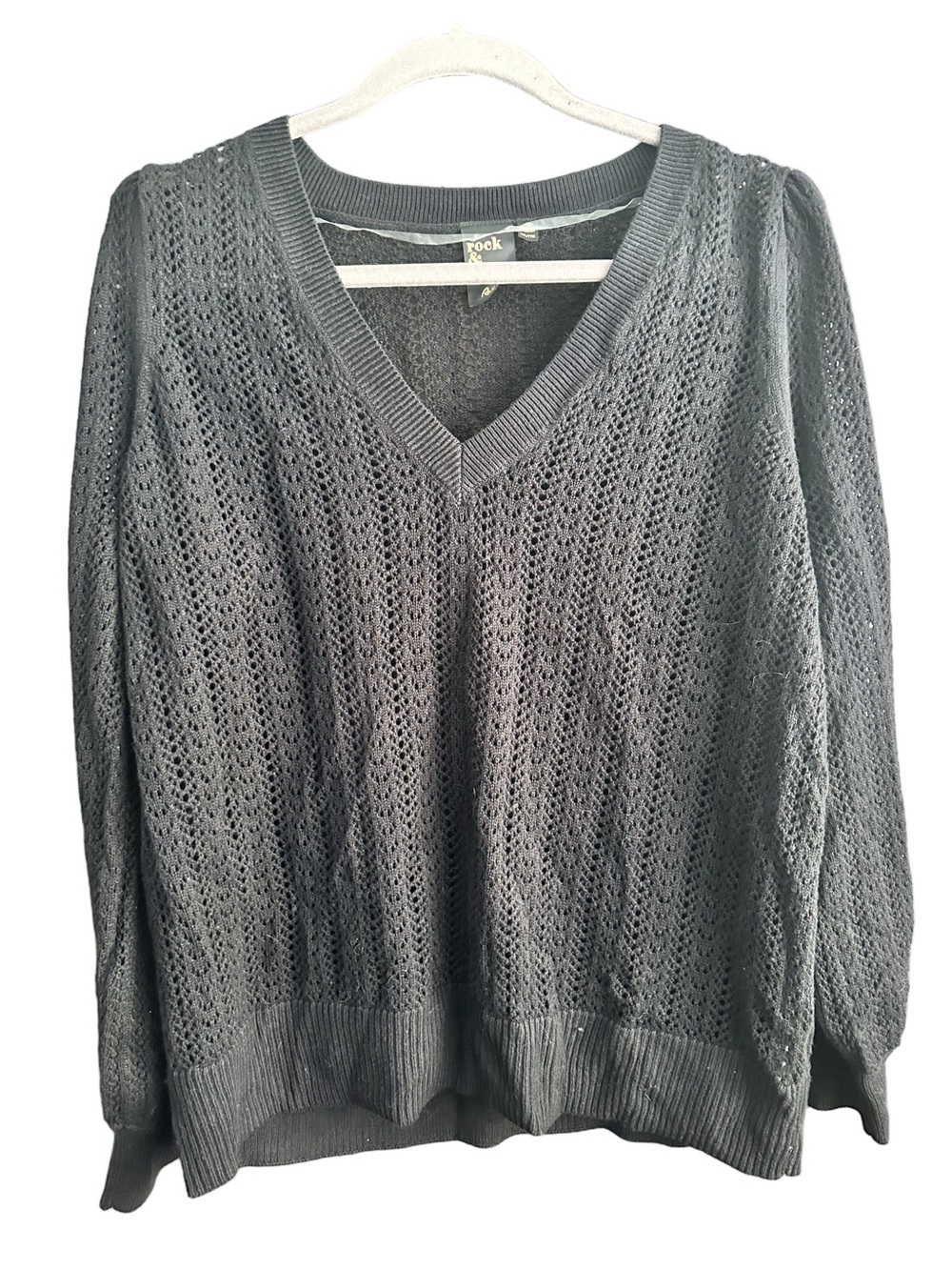 Reitmans Rock & Shine Black Lightweight Open-Knit V-Neck Sweater Size XXL
